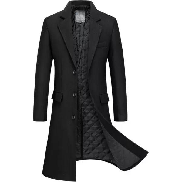 chouyatou Mens Winter Notched Collar 3 Button Heavyweight Thick Quilted Lined Woolen Long Trench Coat with SplitBlack