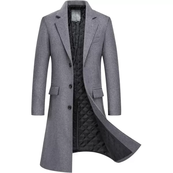 chouyatou Mens Winter Notched Collar 3 Button Heavyweight Thick Quilted Lined Woolen Long Trench Coat with SplitGrey