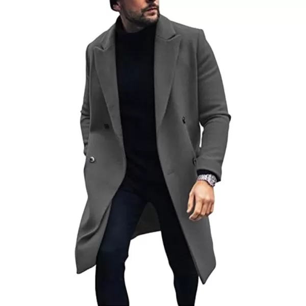 chouyatou Mens Winter Notched Lapel Double Breasted Business Casual Midi Long Wool Blend Trench Pea CoatGray
