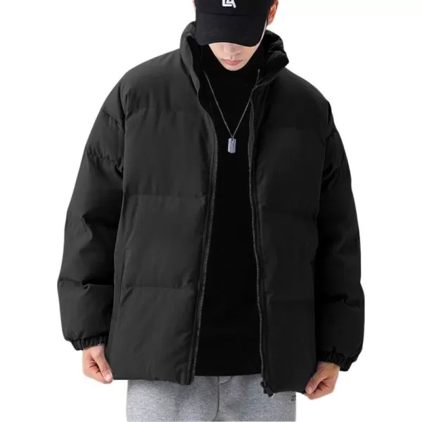 chouyatou Mens Winter Stand Collar Zip Up Baggy Puffer Jacket Windproof Short Down CoatBlack