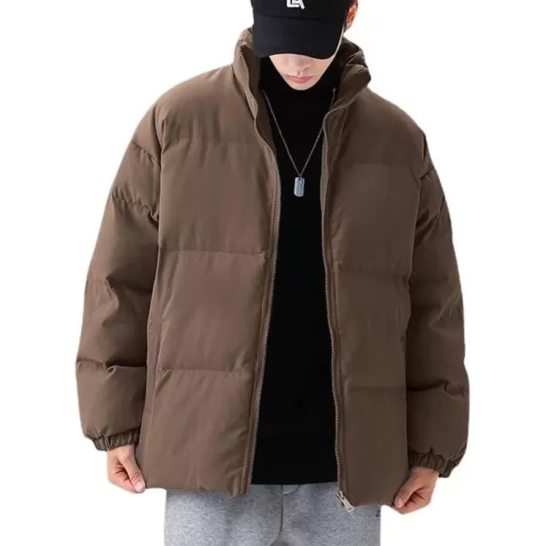 chouyatou Mens Winter Stand Collar Zip Up Baggy Puffer Jacket Windproof Short Down CoatBrown