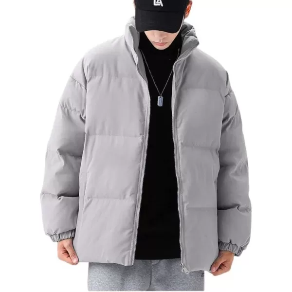 chouyatou Mens Winter Stand Collar Zip Up Baggy Puffer Jacket Windproof Short Down CoatGrey