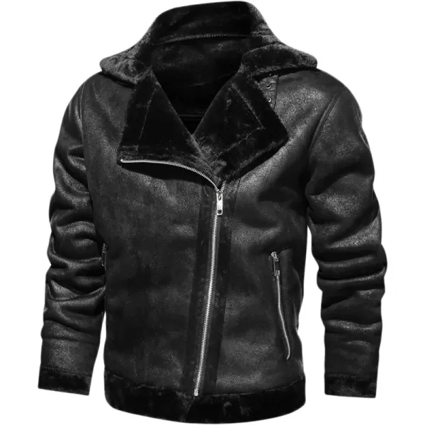 chouyatou Mens Winter Thicked Sherpa Lined Warm Slim Oblique Zip Distressed Faux Suede Leather Biker JacketBlack