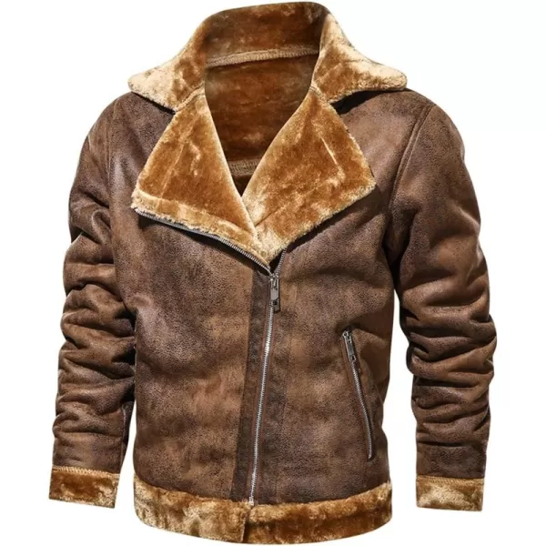 chouyatou Mens Winter Thicked Sherpa Lined Warm Slim Oblique Zip Distressed Faux Suede Leather Biker JacketBrown