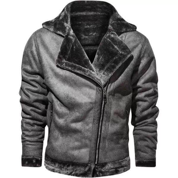 chouyatou Mens Winter Thicked Sherpa Lined Warm Slim Oblique Zip Distressed Faux Suede Leather Biker JacketDark Grey