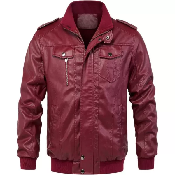 chouyatou Mens Winter Warm Sherpa Lined Zipper Quilted Moto Pu Leather Biker Bomber JacketWine Red
