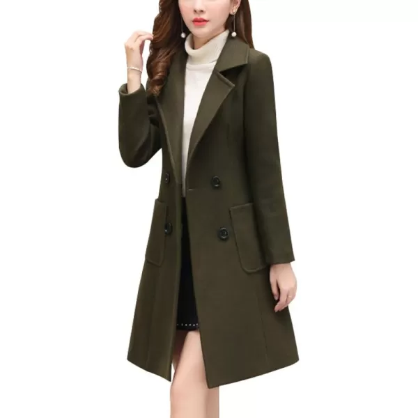 chouyatou Women Elegant Notched Collar Double Breasted Wool Blend Over CoatArmy Green