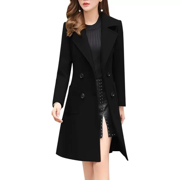 chouyatou Women Elegant Notched Collar Double Breasted Wool Blend Over CoatBlack
