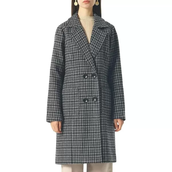 chouyatou Women Elegant Notched Collar Double Breasted Wool Blend Over CoatBlackplaid