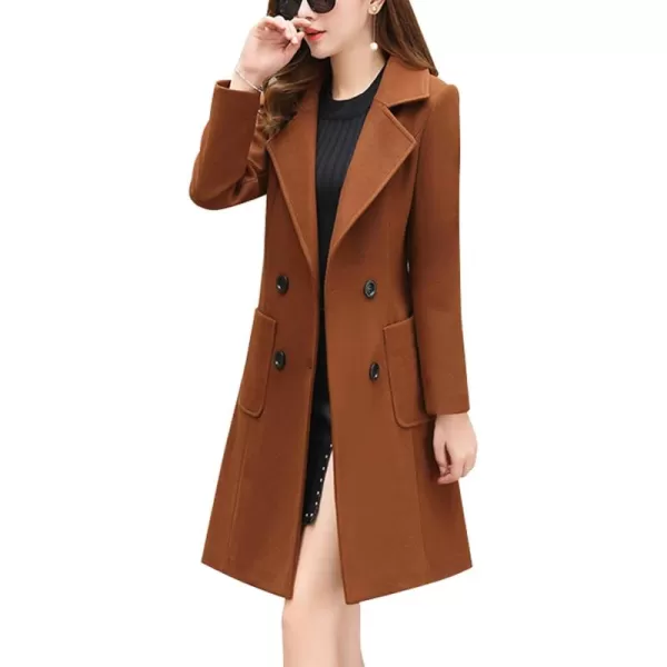 chouyatou Women Elegant Notched Collar Double Breasted Wool Blend Over CoatBrown
