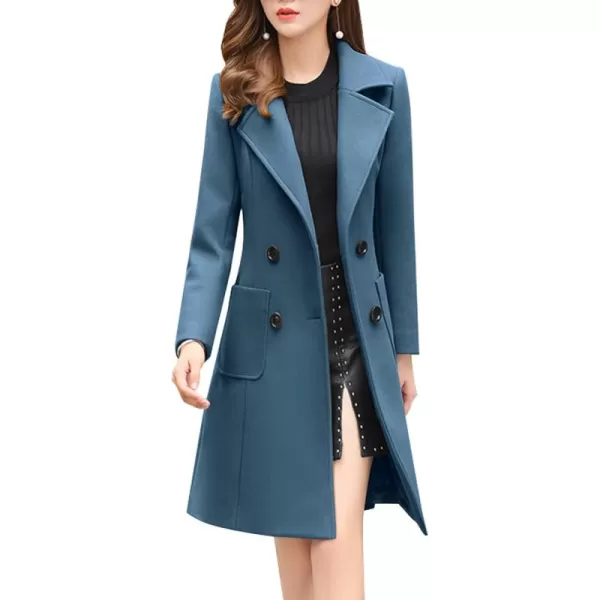chouyatou Women Elegant Notched Collar Double Breasted Wool Blend Over CoatDark Blue