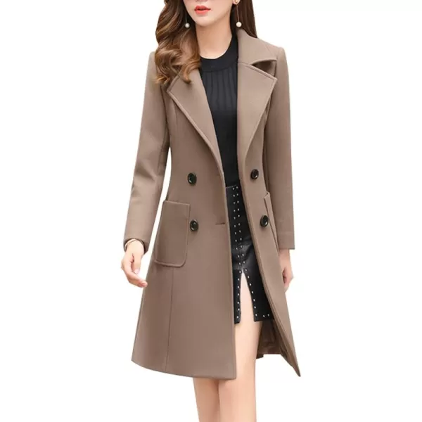chouyatou Women Elegant Notched Collar Double Breasted Wool Blend Over CoatKhaki