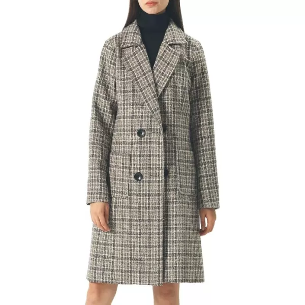 chouyatou Women Elegant Notched Collar Double Breasted Wool Blend Over CoatKhakiplaid