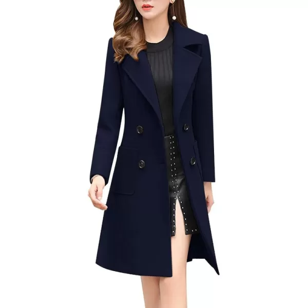 chouyatou Women Elegant Notched Collar Double Breasted Wool Blend Over CoatNavy Blue