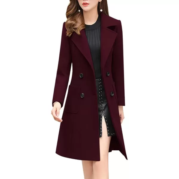 chouyatou Women Elegant Notched Collar Double Breasted Wool Blend Over CoatWine Red