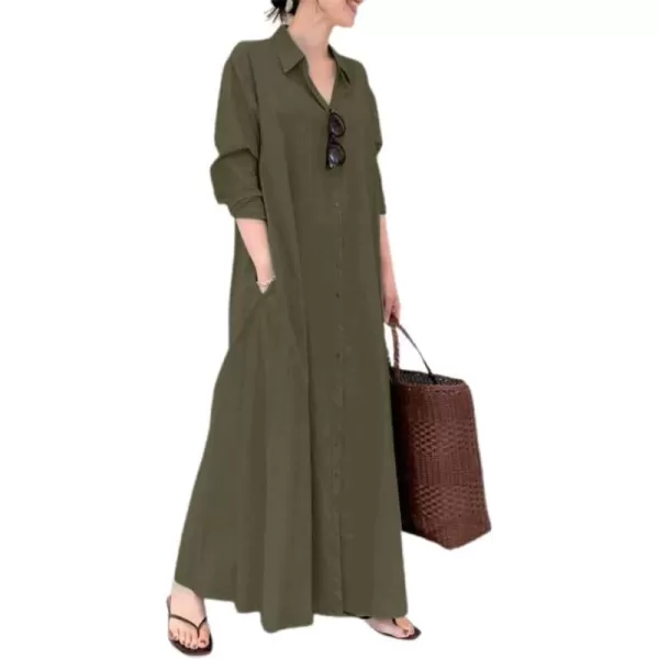 chouyatou Womens Basic Loose Fit Long Sleeve Button Up Maxi Shirt Dress with PocketsArmy Green