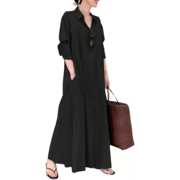 chouyatou Womens Basic Loose Fit Long Sleeve Button Up Maxi Shirt Dress with PocketsBlack