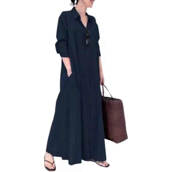 chouyatou Womens Basic Loose Fit Long Sleeve Button Up Maxi Shirt Dress with PocketsNavy Blue