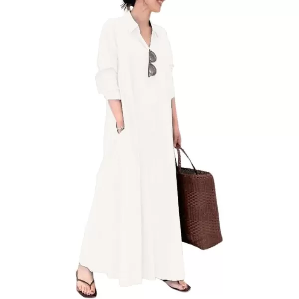 chouyatou Womens Basic Loose Fit Long Sleeve Button Up Maxi Shirt Dress with PocketsOffwhite