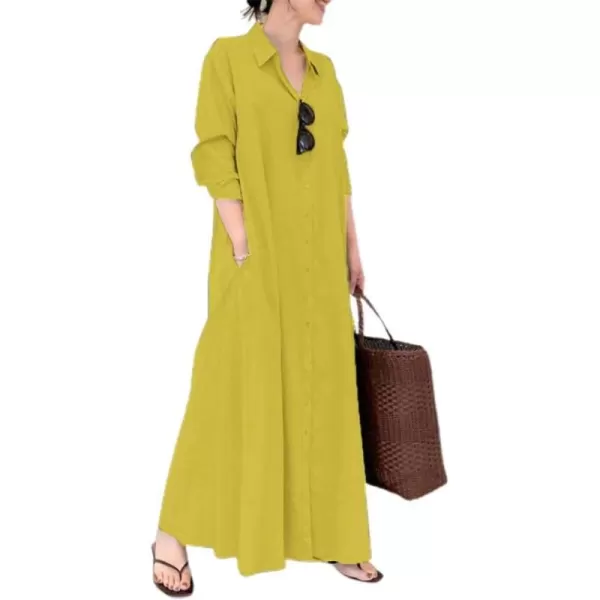 chouyatou Womens Basic Loose Fit Long Sleeve Button Up Maxi Shirt Dress with PocketsYellow