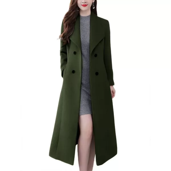 chouyatou Womens Chic Shawl Collar Work Double Breasted Maxi Long Wool Pea CoatArmy Green