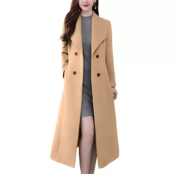 chouyatou Womens Chic Shawl Collar Work Double Breasted Maxi Long Wool Pea CoatCamel