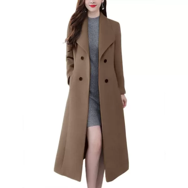 chouyatou Womens Chic Shawl Collar Work Double Breasted Maxi Long Wool Pea CoatCoffee