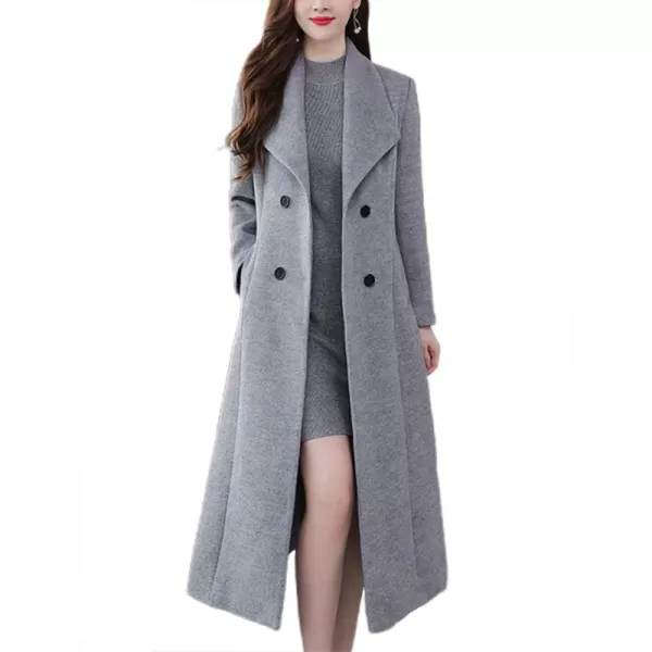 chouyatou Womens Chic Shawl Collar Work Double Breasted Maxi Long Wool Pea CoatGrey