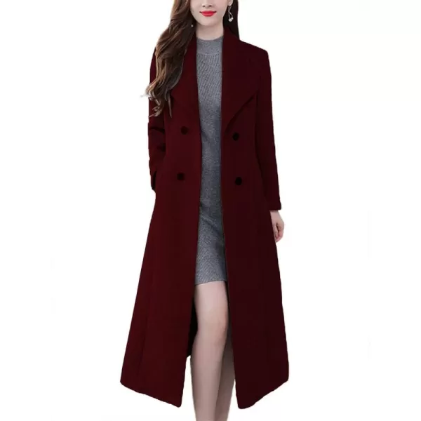 chouyatou Womens Chic Shawl Collar Work Double Breasted Maxi Long Wool Pea CoatWine Red