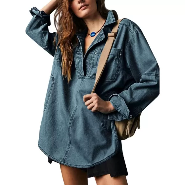 chouyatou Womens Distressed V Neck Denim Jackets Boyfriend Loose Fit Bussiness Casual Jean Pullover TopsBlue