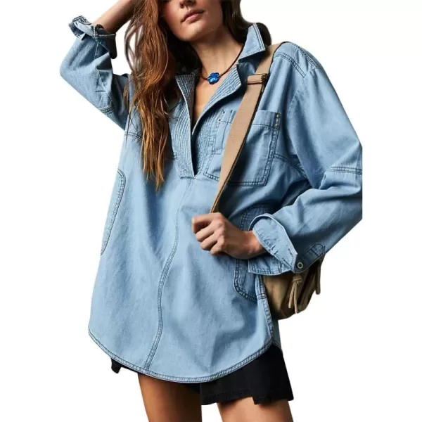 chouyatou Womens Distressed V Neck Denim Jackets Boyfriend Loose Fit Bussiness Casual Jean Pullover TopsLight Blue