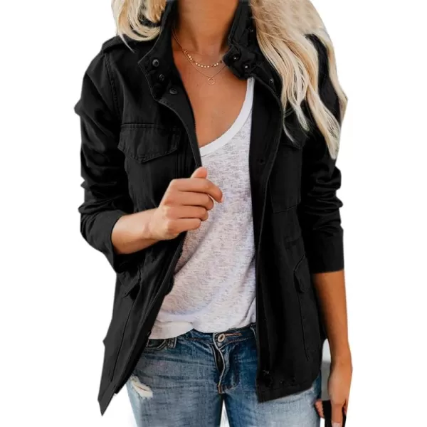 chouyatou Womens Fall Stand Collar Zip Up Military Cotton Utility Safari JacketBlack