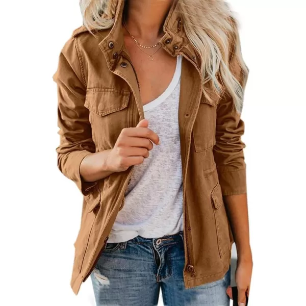 chouyatou Womens Fall Stand Collar Zip Up Military Cotton Utility Safari JacketBrown