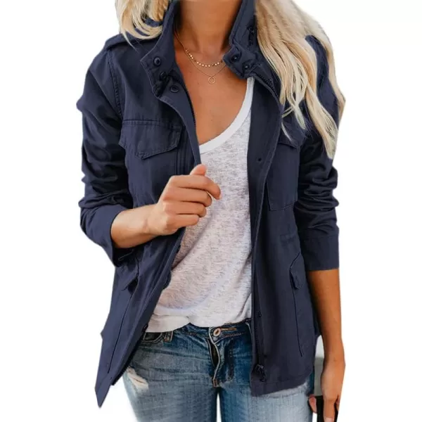 chouyatou Womens Fall Stand Collar Zip Up Military Cotton Utility Safari JacketNavy Blue