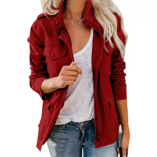 chouyatou Womens Fall Stand Collar Zip Up Military Cotton Utility Safari JacketWine Red
