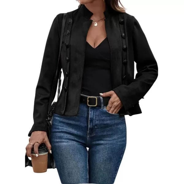 chouyatou Womens Faux Suede Leather Jacket 2024 Fall Winter Clothes Casual Business Long Sleeve Blazer Jacket CoatBlack