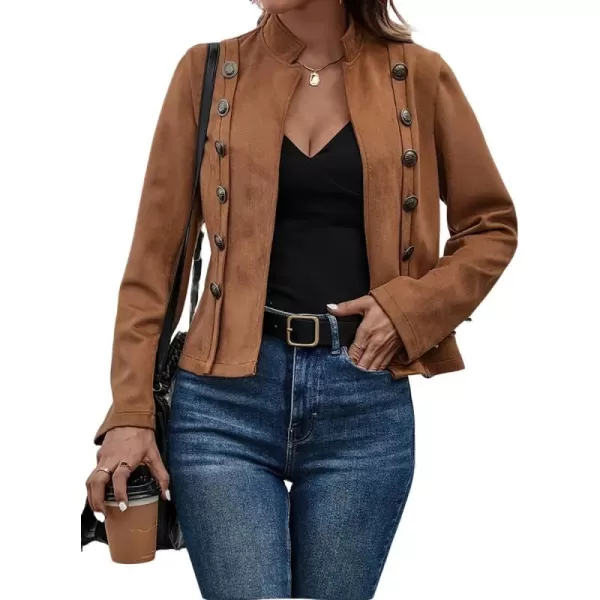 chouyatou Womens Faux Suede Leather Jacket 2024 Fall Winter Clothes Casual Business Long Sleeve Blazer Jacket CoatBrown