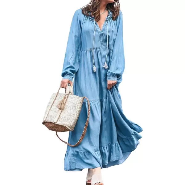 chouyatou Womens Spring Long Sleeeve Tiered Denim Dress Summer Flowy ALine Maxi Long Tunic DressBlue
