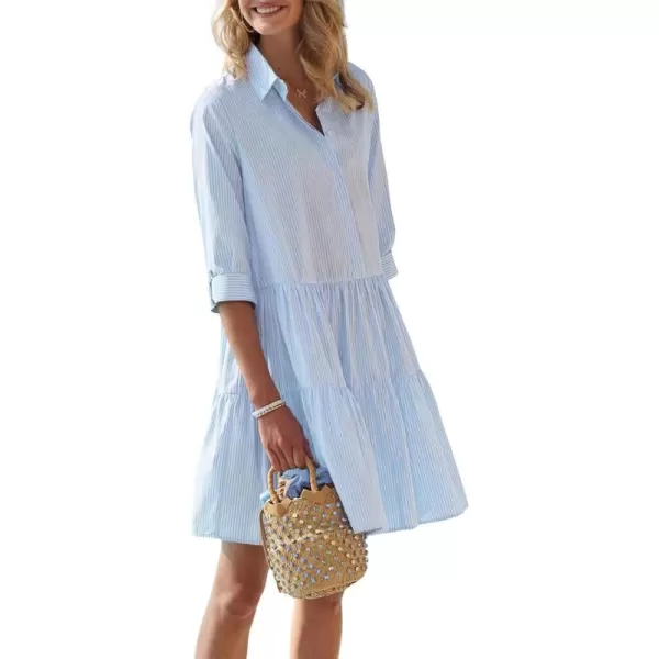chouyatou Womens Striped Button Down Shirt Dress Loose Casual Cuffed Sleeve Tiered Mini Tunic DressBlue