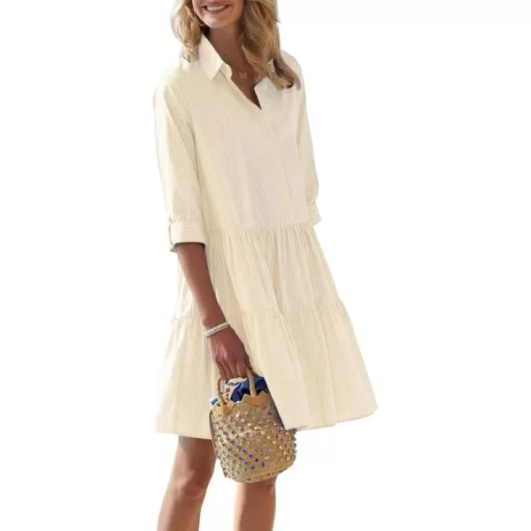 chouyatou Womens Striped Button Down Shirt Dress Loose Casual Cuffed Sleeve Tiered Mini Tunic DressLight Khaki