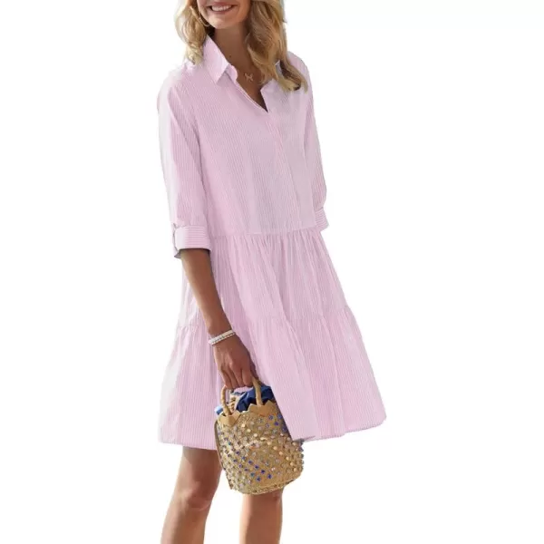 chouyatou Womens Striped Button Down Shirt Dress Loose Casual Cuffed Sleeve Tiered Mini Tunic DressPink