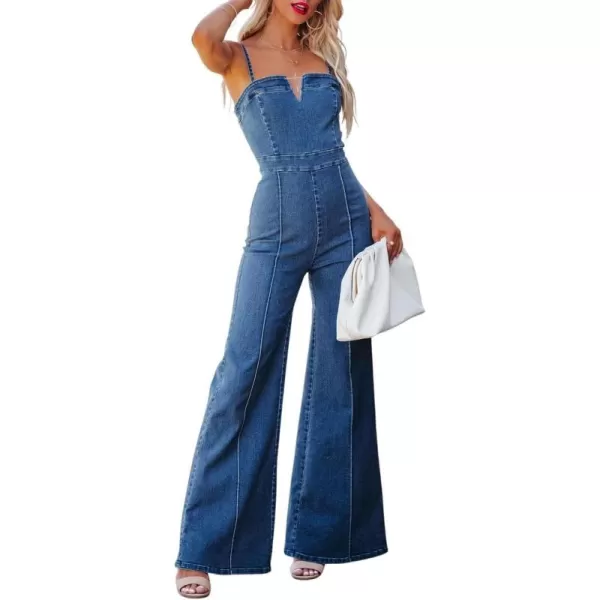 chouyatou Womens Vintage Distressed Adjustable Strap Denim Overalls Stretchy Sleeveless Jumpsuit Jeans PantsBlue
