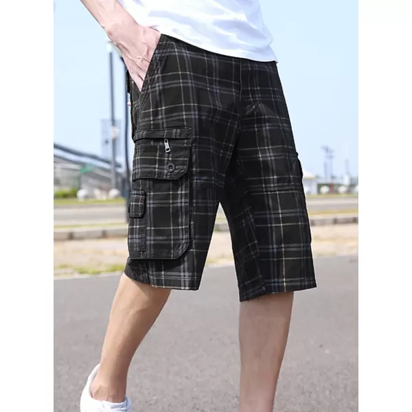 chouyatou Mens Active Normal Waist Loose MultiPocket Versatile Twill Cargo ShortsBlackplaid