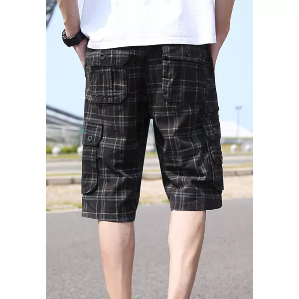 chouyatou Mens Active Normal Waist Loose MultiPocket Versatile Twill Cargo ShortsBlackplaid