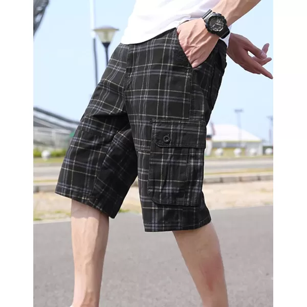 chouyatou Mens Active Normal Waist Loose MultiPocket Versatile Twill Cargo ShortsBlackplaid