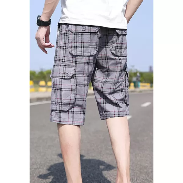 chouyatou Mens Active Normal Waist Loose MultiPocket Versatile Twill Cargo ShortsGreyplaid