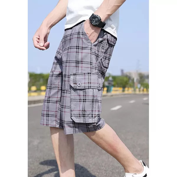 chouyatou Mens Active Normal Waist Loose MultiPocket Versatile Twill Cargo ShortsGreyplaid