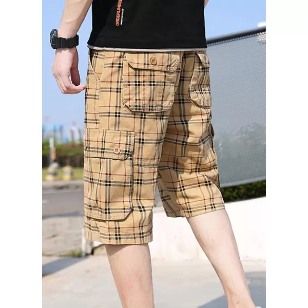 chouyatou Mens Active Normal Waist Loose MultiPocket Versatile Twill Cargo ShortsKhakiplaid