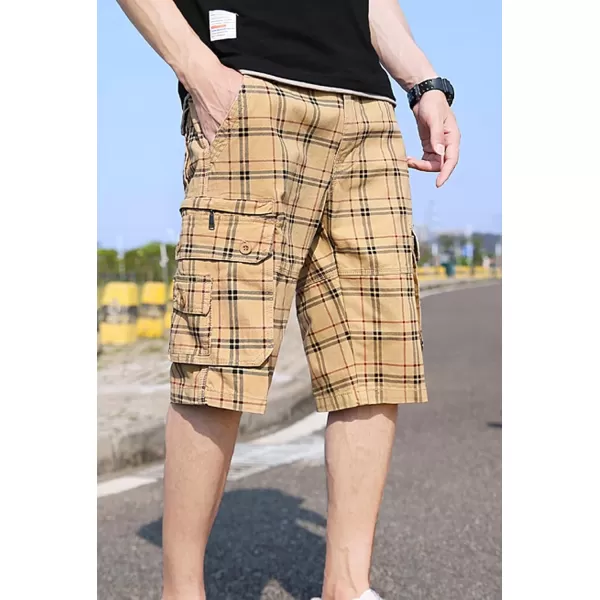 chouyatou Mens Active Normal Waist Loose MultiPocket Versatile Twill Cargo ShortsKhakiplaid