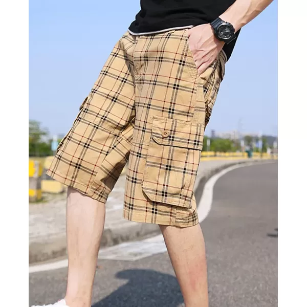 chouyatou Mens Active Normal Waist Loose MultiPocket Versatile Twill Cargo ShortsKhakiplaid